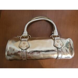 Vintage XOXO Metallic Gold Barrel Bag | Y2K Metallic Satchel Cylinder Handbag